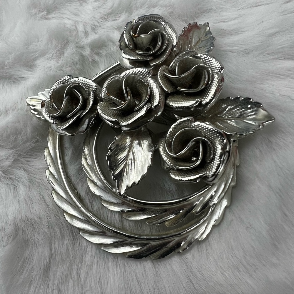 Coro Silver Tone Roses and Leaves Brooch